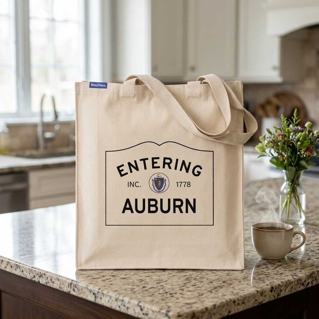 Entering Auburn, Massachusetts Canvas Tote Bag - Everyday In-Situ View - Sunlit Environment