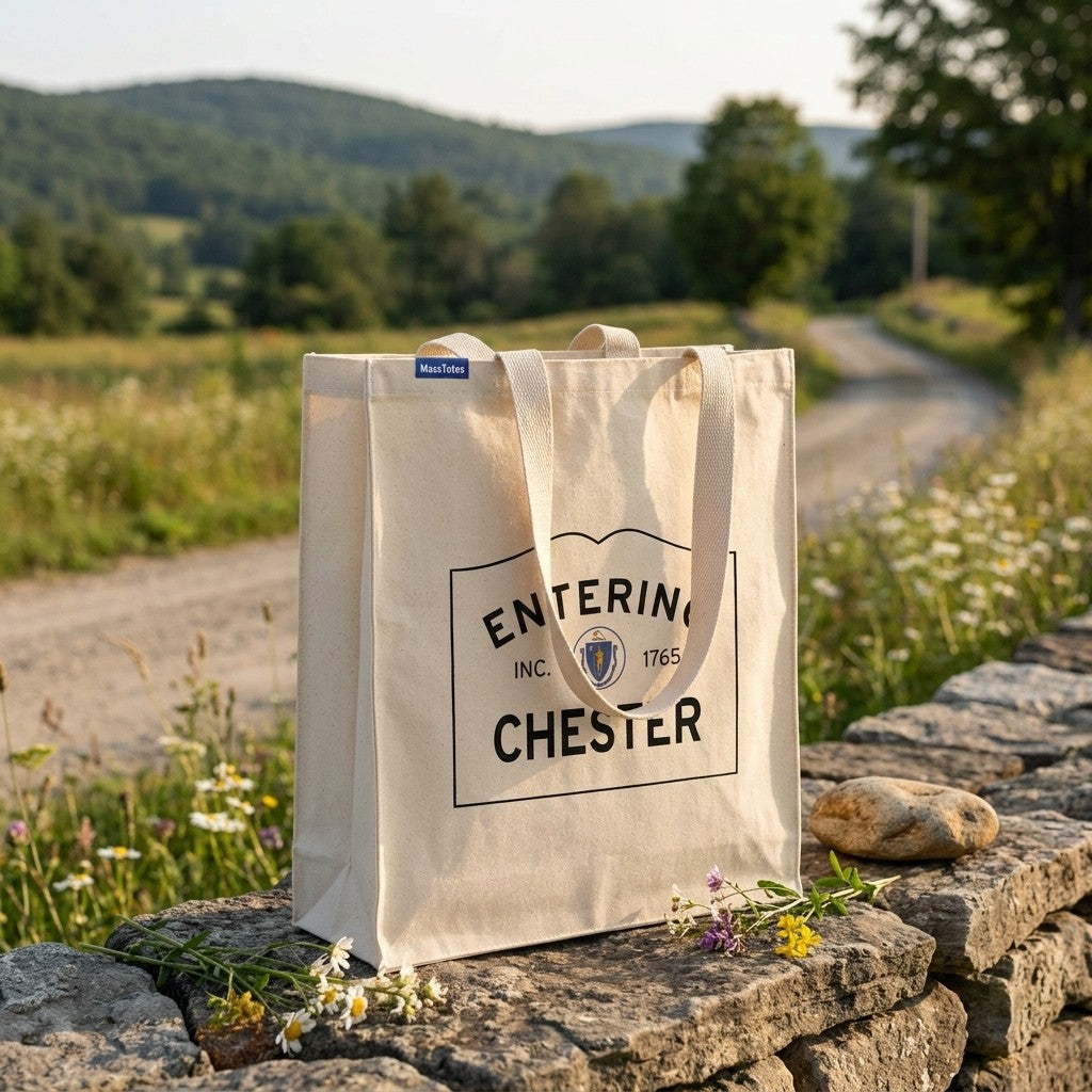 Entering Chester, Massachusetts Canvas Tote Bag - Everyday In-Situ View - Sunlit Environment