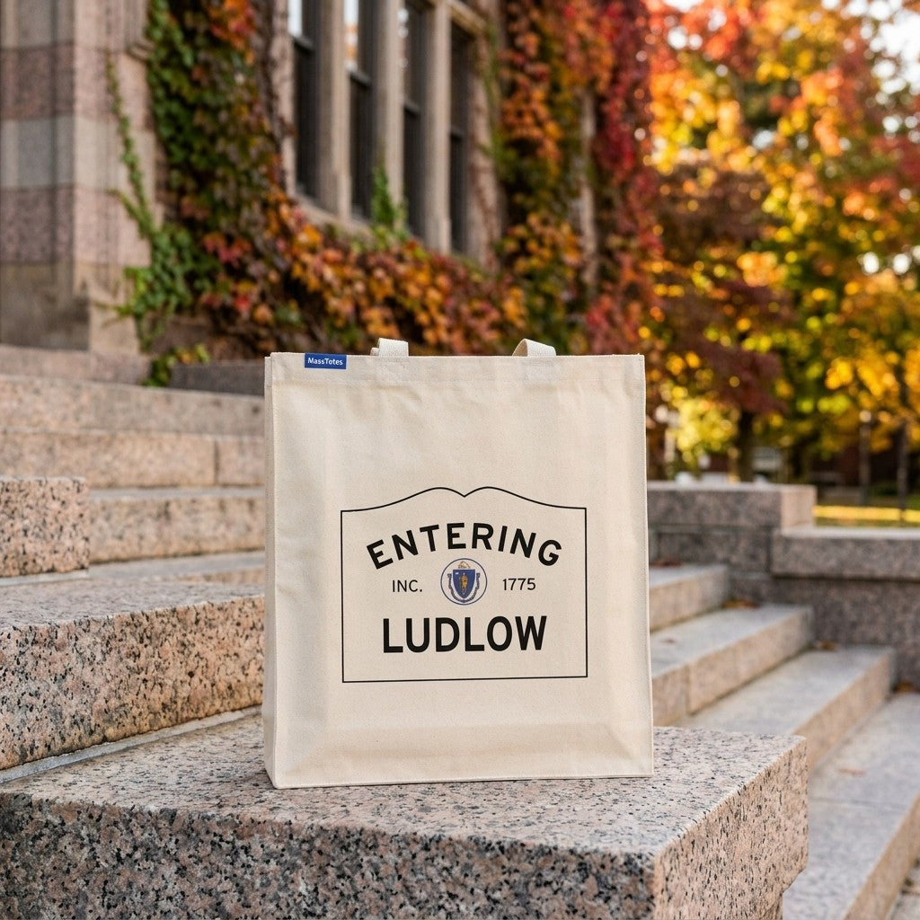 Entering Ludlow, Massachusetts Canvas Tote Bag - Everyday In-Situ View - Sunlit Environment