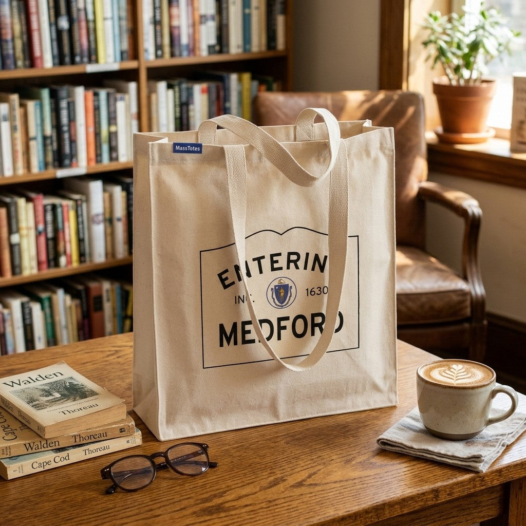 Entering Medford, Massachusetts Canvas Tote Bag - Everyday In-Situ View - Sunlit Environment