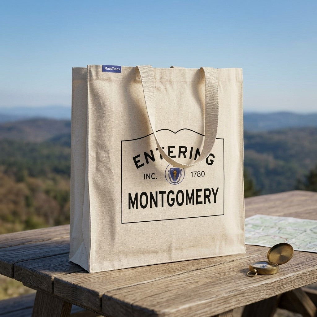 Entering Montgomery, Massachusetts Canvas Tote Bag - Everyday In-Situ View - Sunlit Environment
