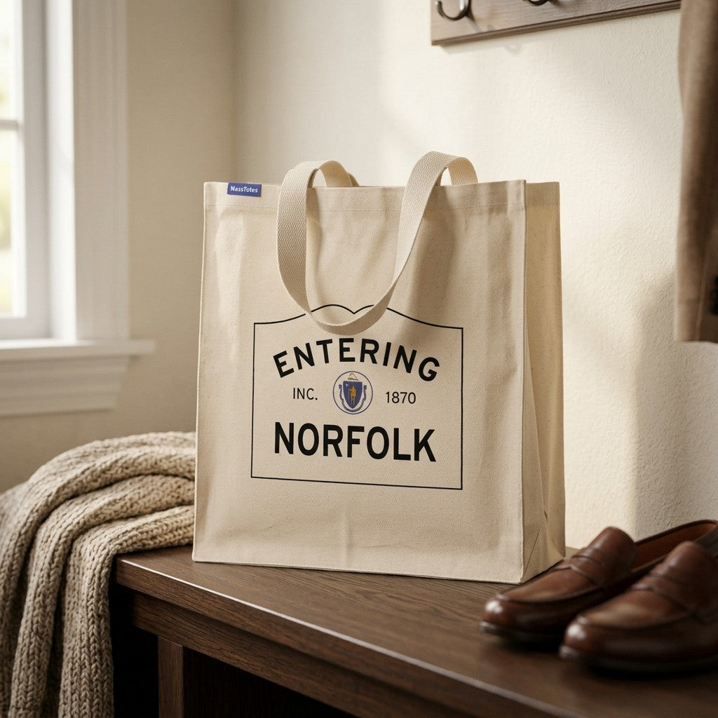 Entering Norfolk, Massachusetts Canvas Tote Bag - Everyday In-Situ View - Sunlit Environment