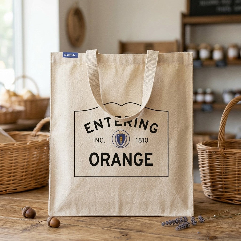 Entering Orange, Massachusetts Canvas Tote Bag - Everyday In-Situ View - Sunlit Environment