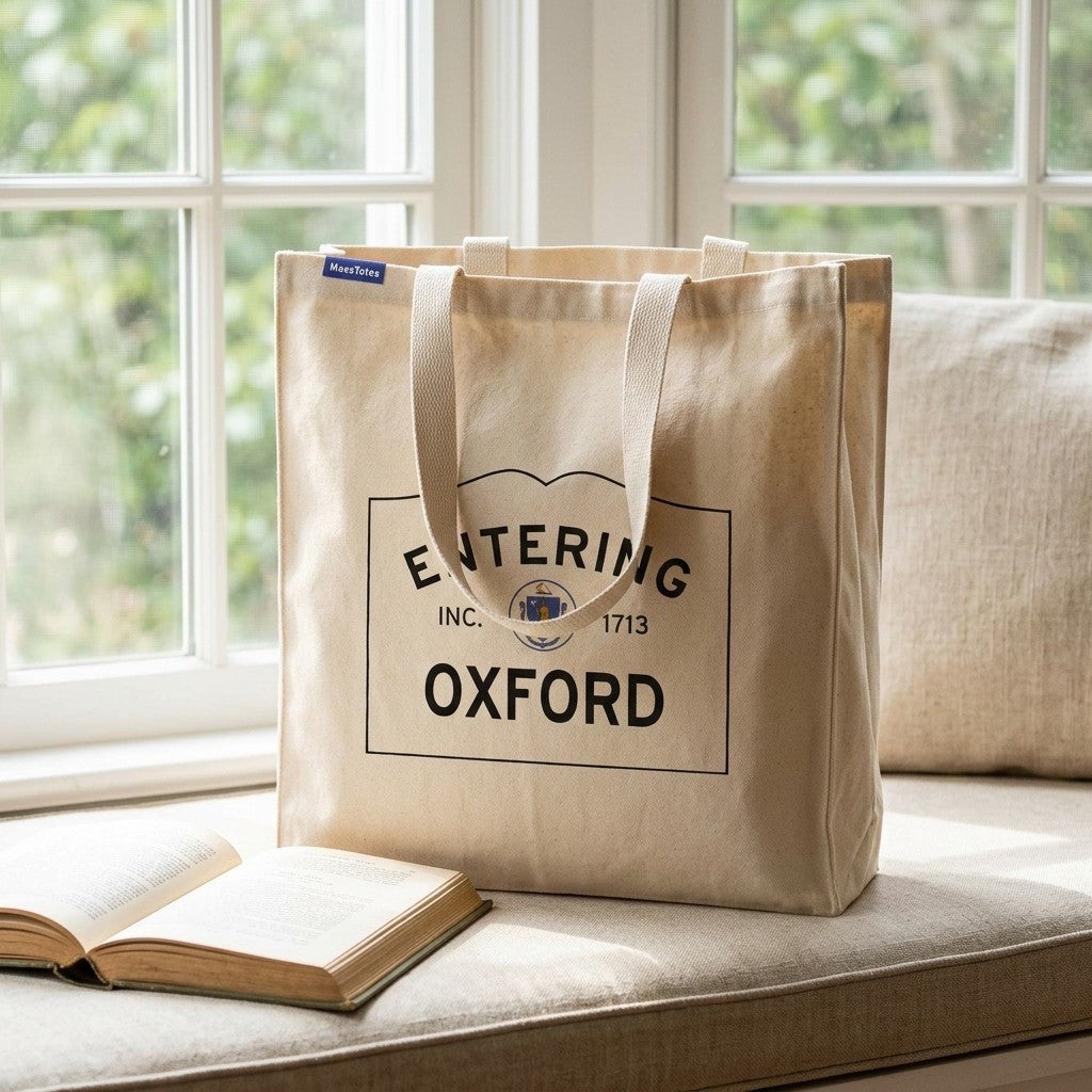 Entering Oxford, Massachusetts Canvas Tote Bag - Lifestyle Scene - Relaxed Natural Setting