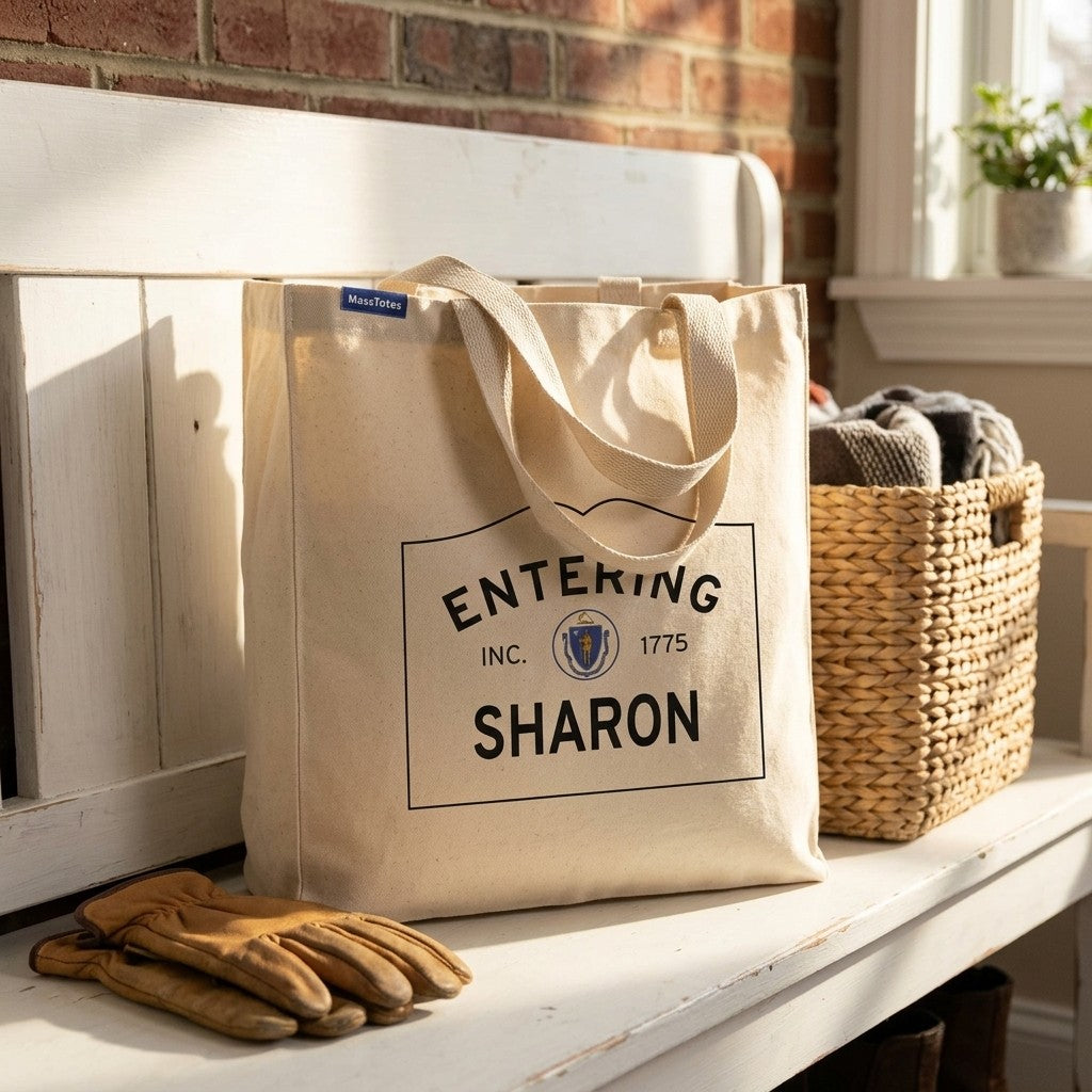 Entering Sharon, Massachusetts Canvas Tote Bag - Everyday In-Situ View - Sunlit Environment