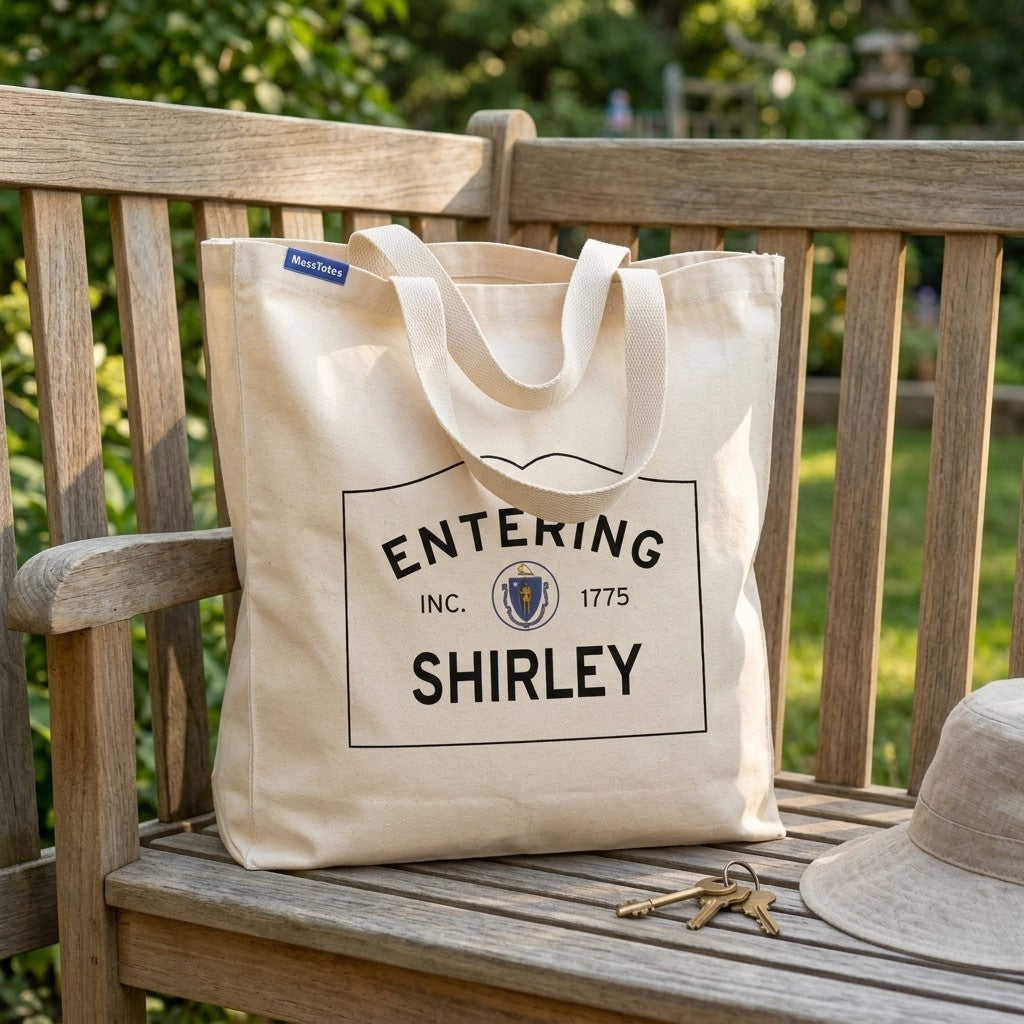Entering Shirley, Massachusetts Canvas Tote Bag - Everyday In-Situ View - Sunlit Environment