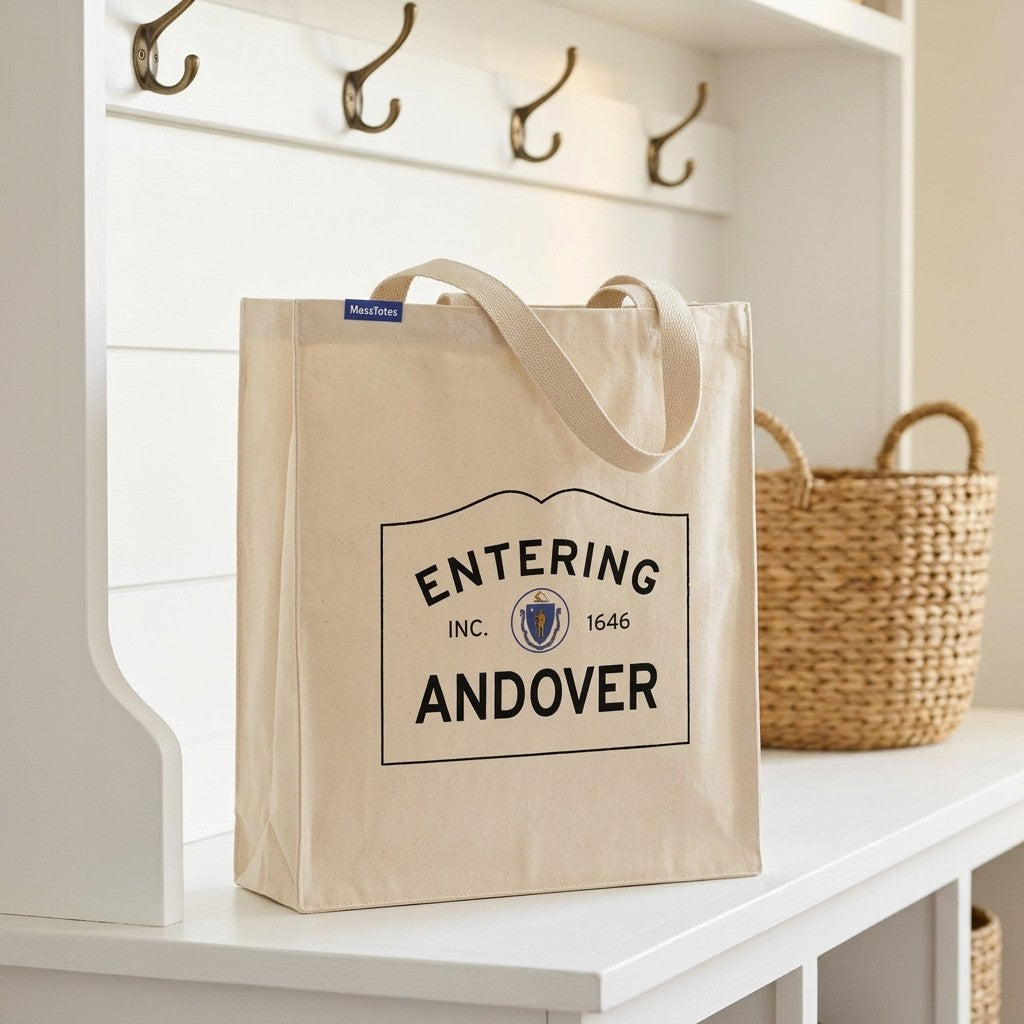 Entering Andover, Massachusetts Canvas Tote Bag - Lifestyle Scene - Classic New England Detail