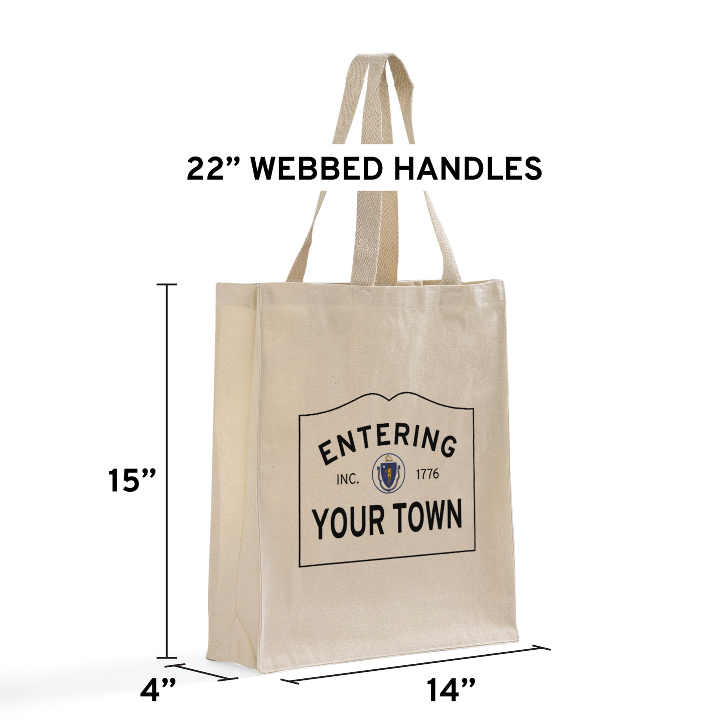 Entering Weymouth, Massachusetts Canvas Tote Bag Dimensions & Specifications (15" Tall x 14" Wide x 4" Gusset)