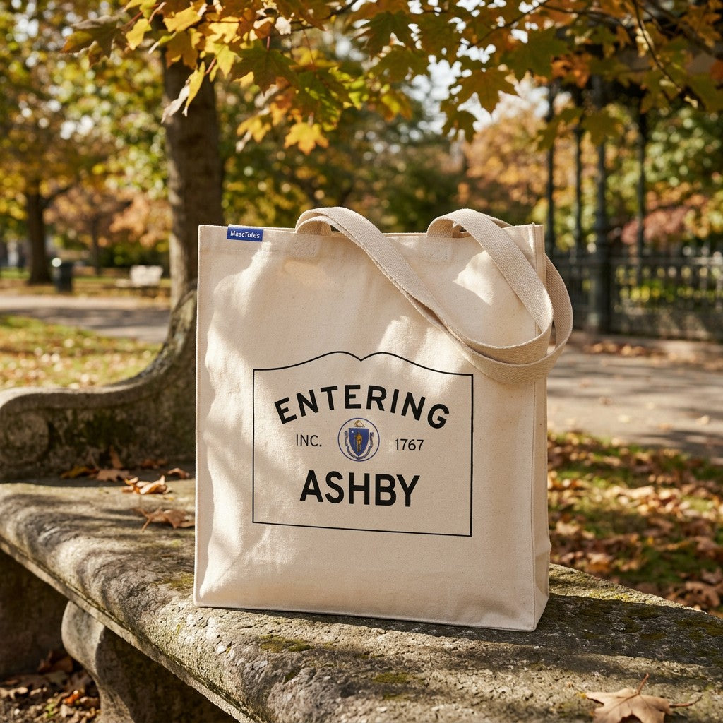 Entering Ashby, Massachusetts Canvas Tote Bag - Lifestyle Scene - Relaxed Natural Setting