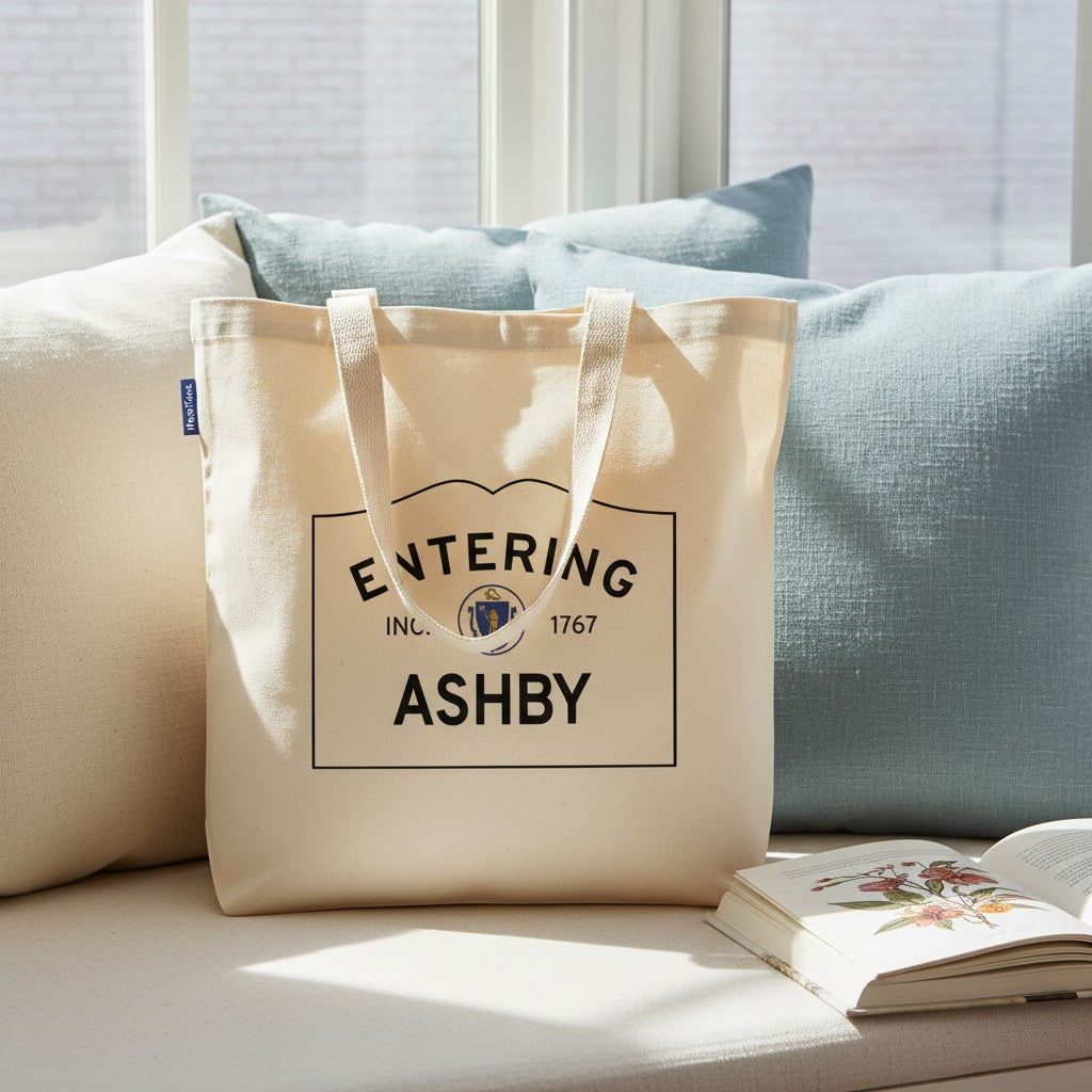 Entering Ashby, Massachusetts Canvas Tote Bag - Lifestyle Scene - Classic New England Detail
