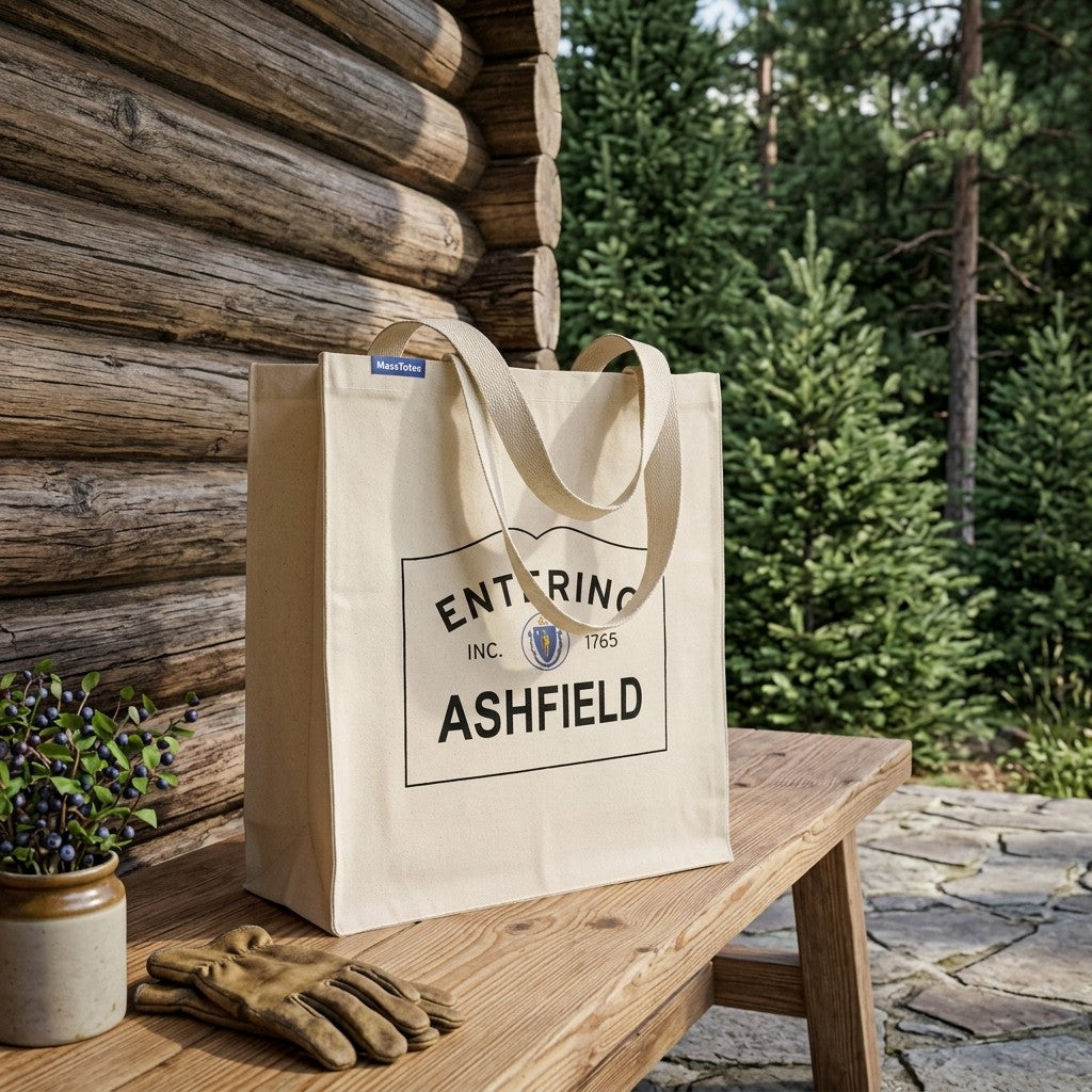 Entering Ashfield, Massachusetts Canvas Tote Bag - Lifestyle Scene - Classic New England Detail