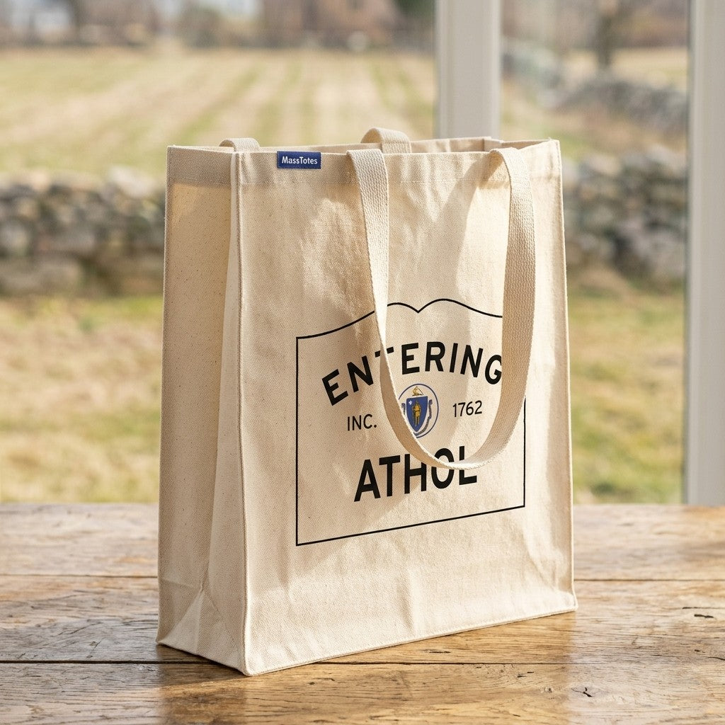 Entering Athol, Massachusetts Canvas Tote Bag - Lifestyle Scene - Classic New England Detail