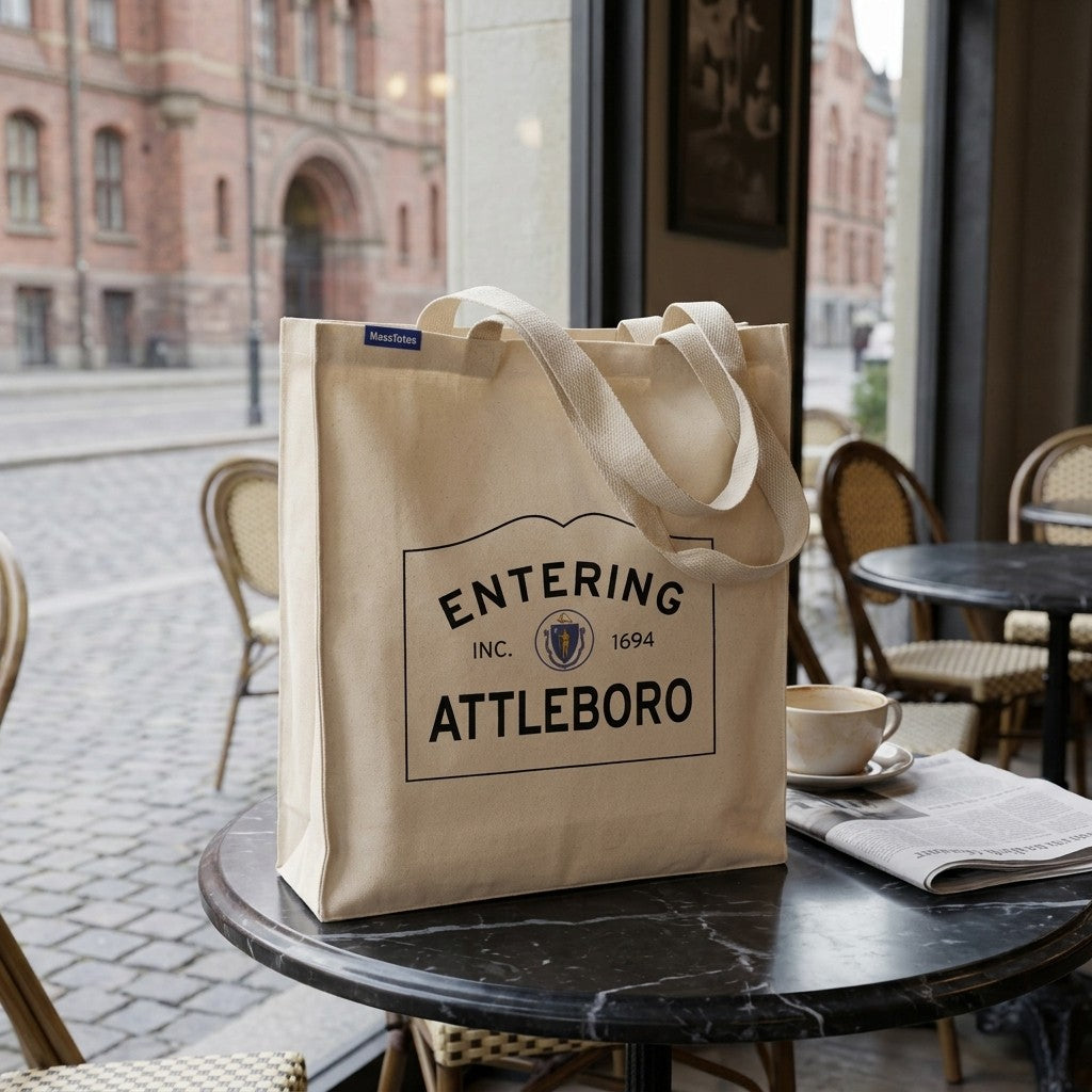 Entering Attleboro, Massachusetts Canvas Tote Bag - Lifestyle Scene - Classic New England Detail