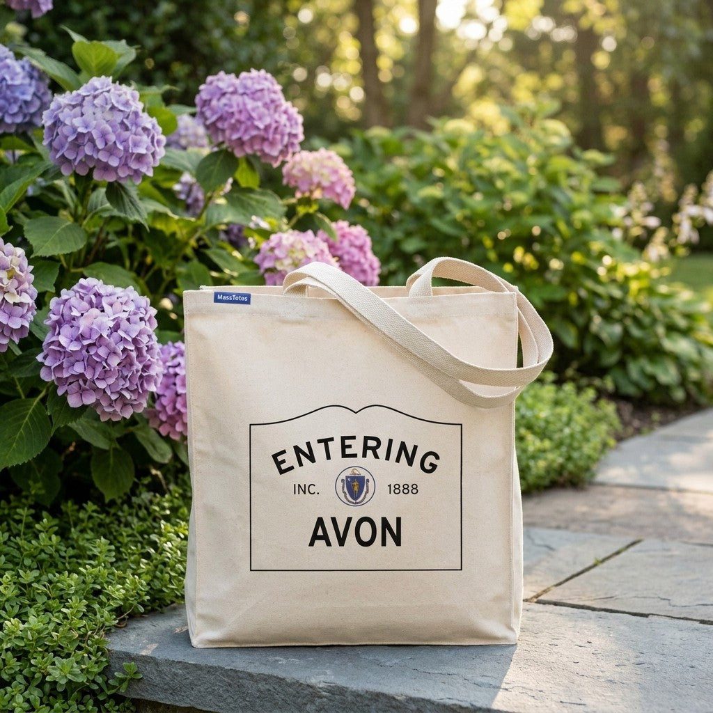 Entering Avon, Massachusetts Canvas Tote Bag - Lifestyle Scene - Classic New England Detail
