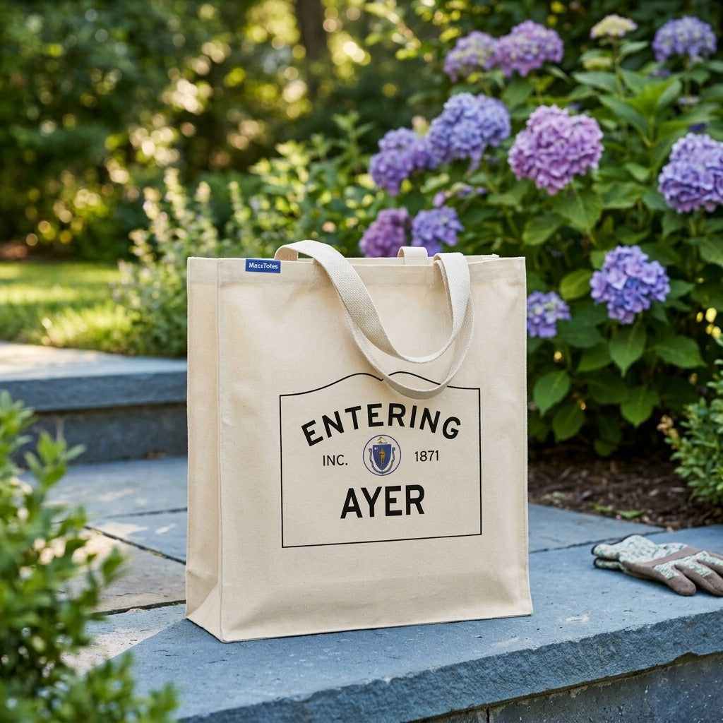Entering Ayer, Massachusetts Canvas Tote Bag - Lifestyle Scene - Classic New England Detail