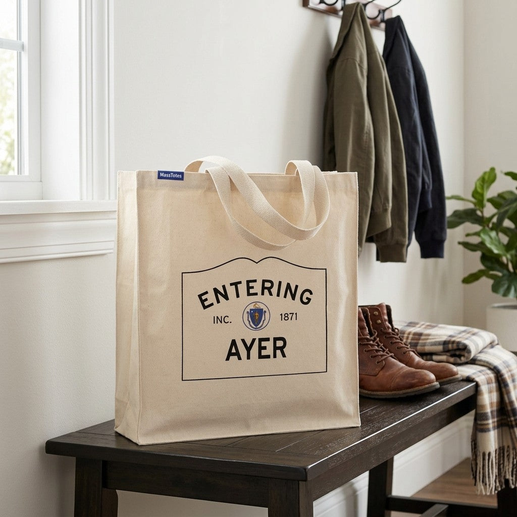 Entering Ayer, Massachusetts Canvas Tote Bag - Everyday In-Situ View - Sunlit Environment