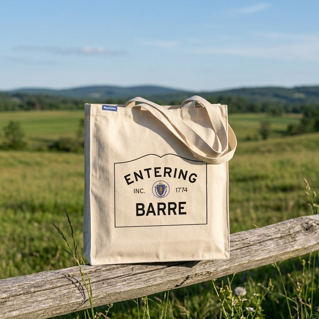 Entering Barre, Massachusetts Canvas Tote Bag - Lifestyle Scene - Classic New England Detail
