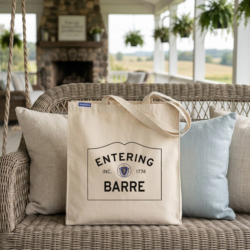Entering Barre, Massachusetts Canvas Tote Bag - Everyday In-Situ View - Sunlit Environment
