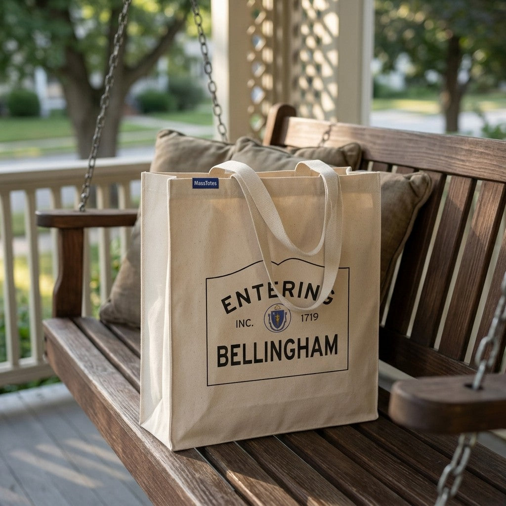 Entering Bellingham, Massachusetts Canvas Tote Bag - Lifestyle Scene - Relaxed Natural Setting