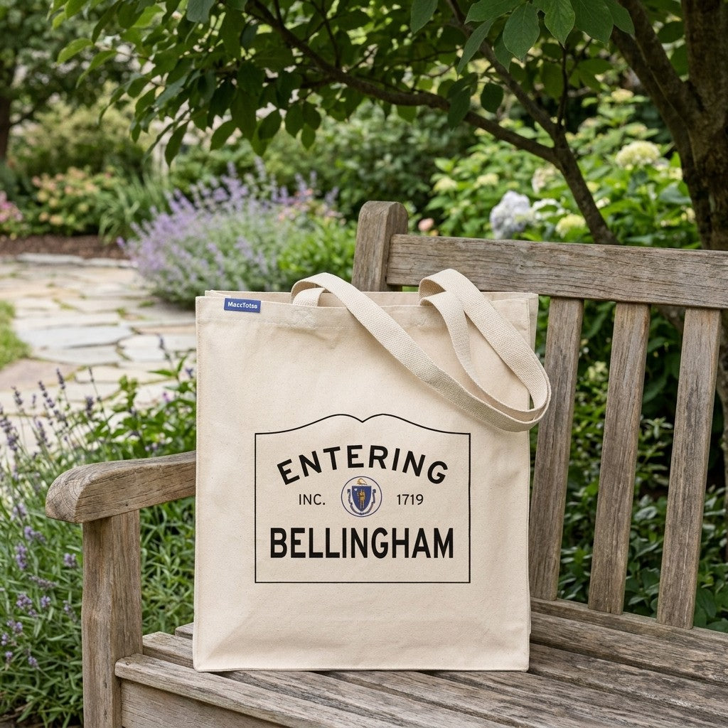 Entering Bellingham, Massachusetts Canvas Tote Bag - Lifestyle Scene - Classic New England Detail