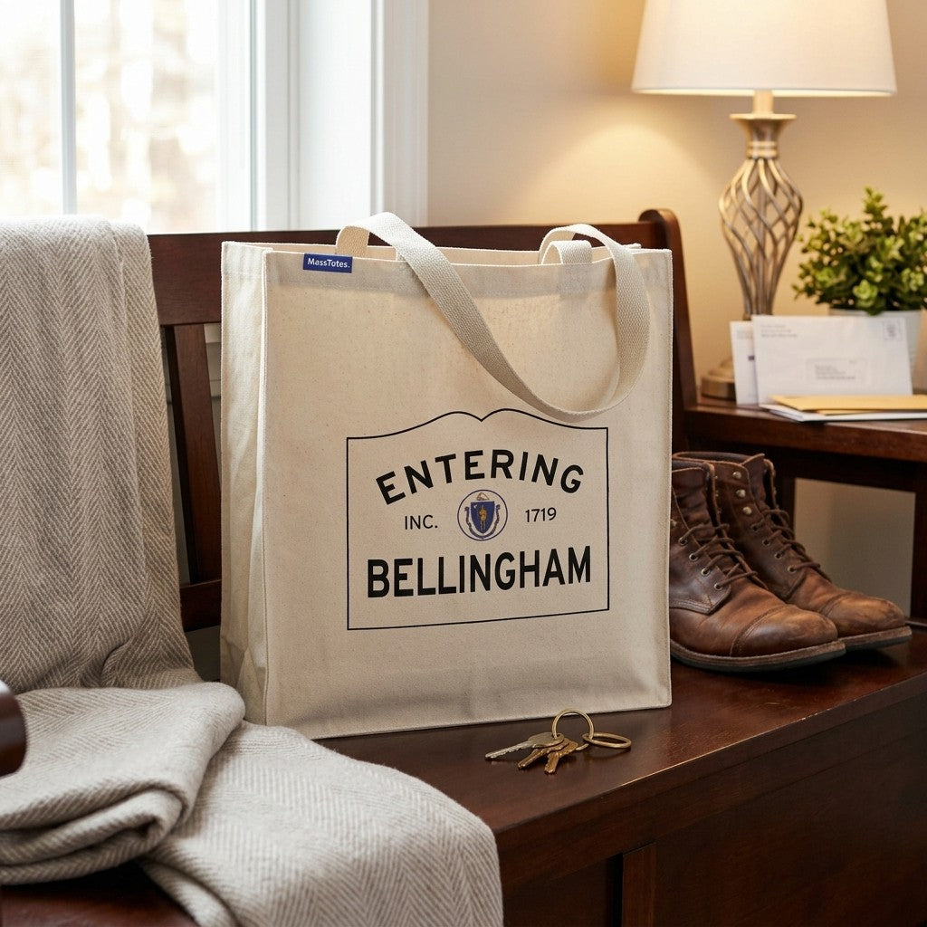 Entering Bellingham, Massachusetts Canvas Tote Bag - Everyday In-Situ View - Sunlit Environment
