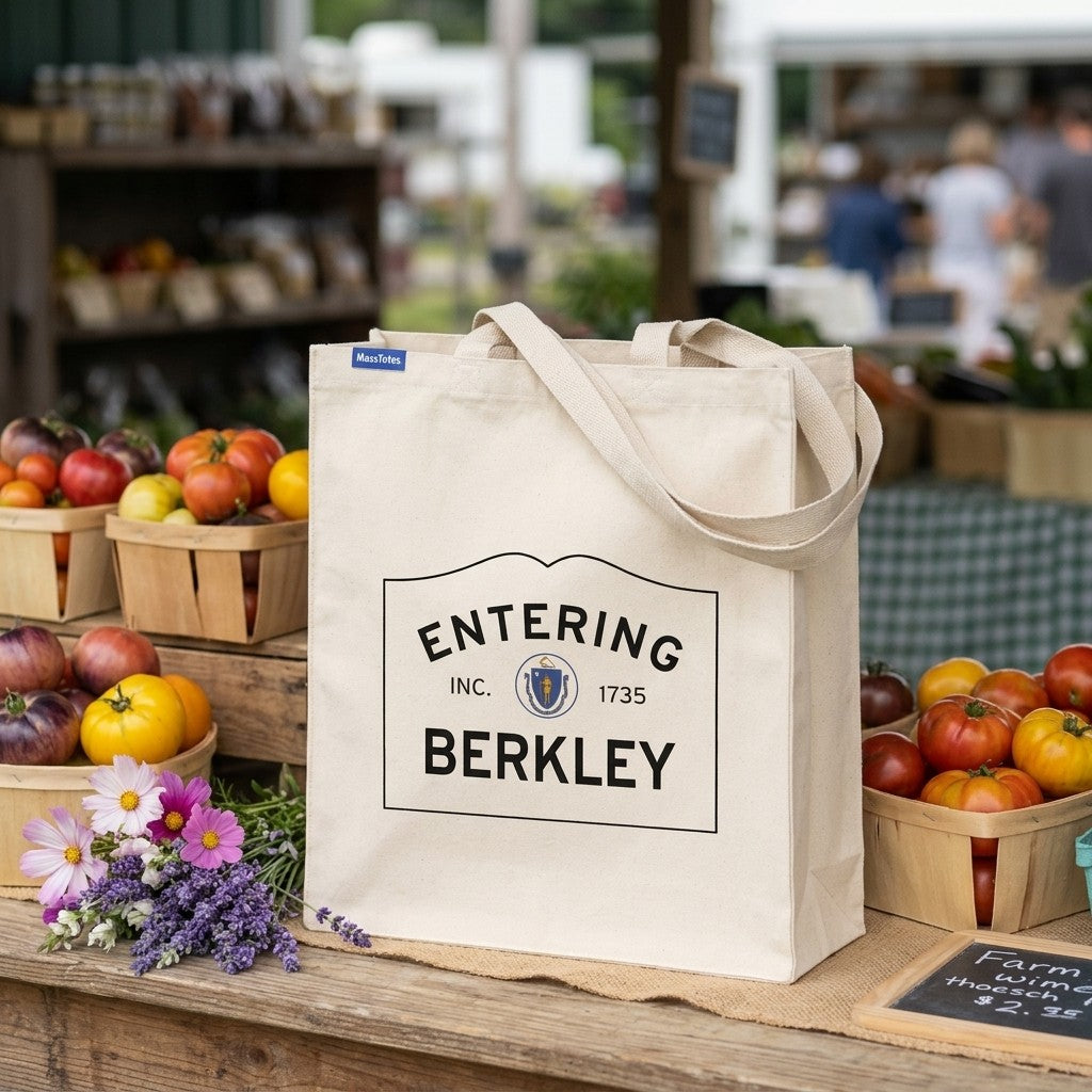 Entering Berkley, Massachusetts Canvas Tote Bag - Lifestyle Scene - Classic New England Detail