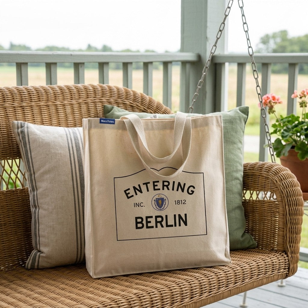Entering Berlin, Massachusetts Canvas Tote Bag - Lifestyle Scene - Relaxed Natural Setting