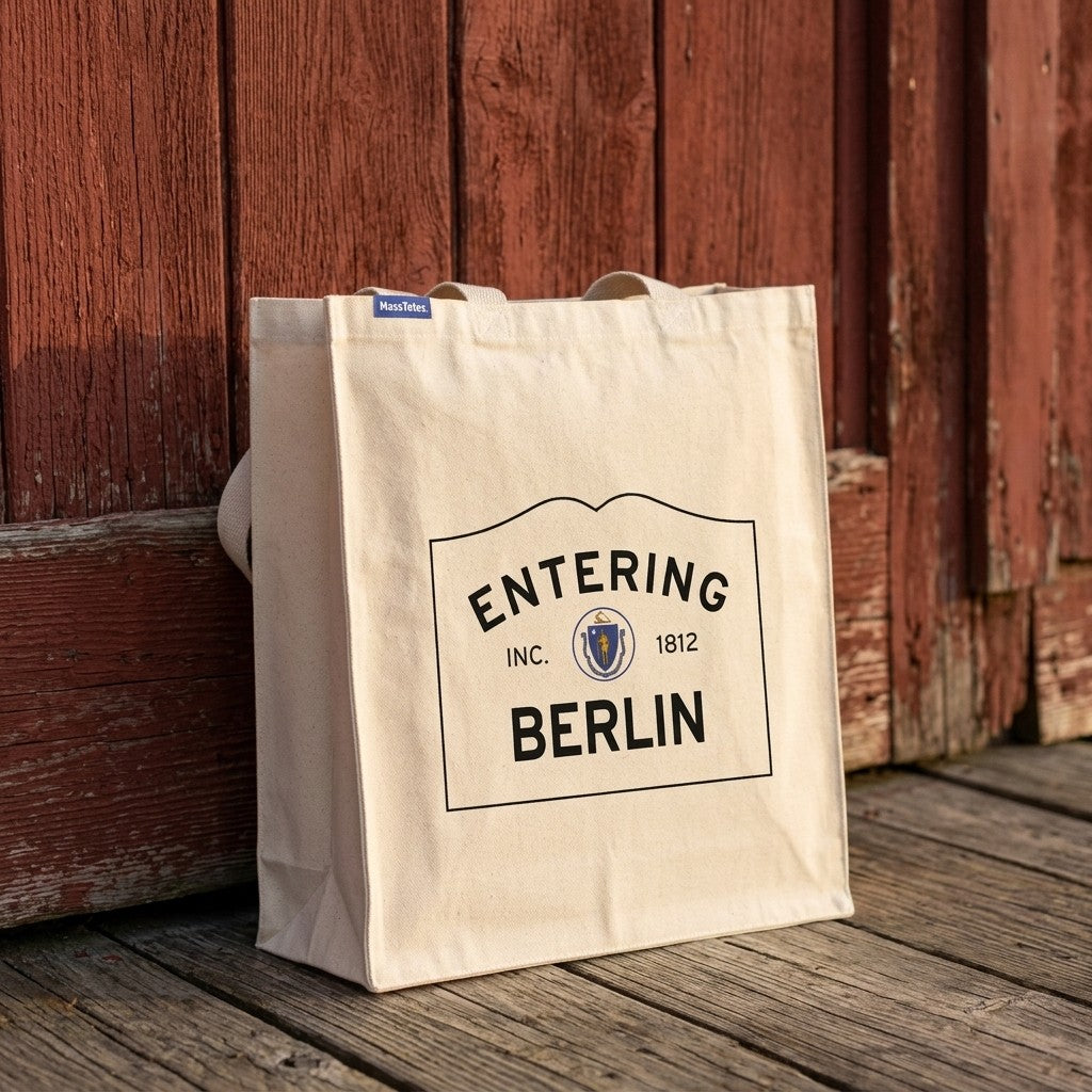 Entering Berlin, Massachusetts Canvas Tote Bag - Lifestyle Scene - Classic New England Detail