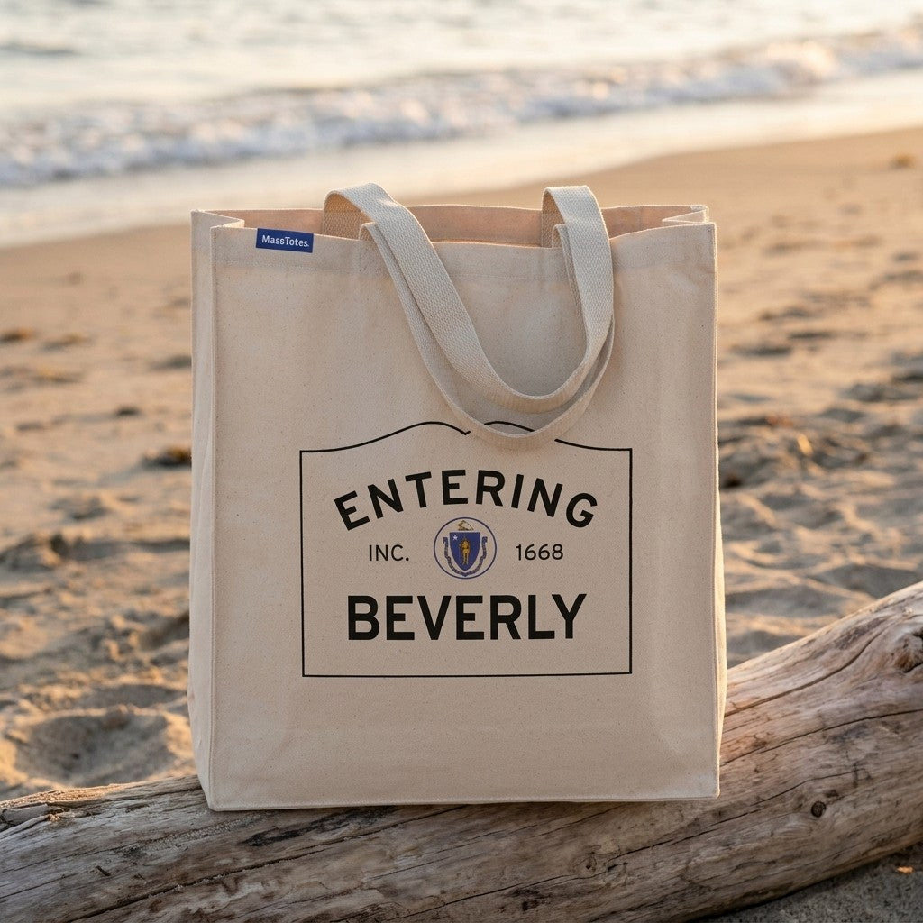 Entering Beverly, Massachusetts Canvas Tote Bag - Lifestyle Scene - Classic New England Detail