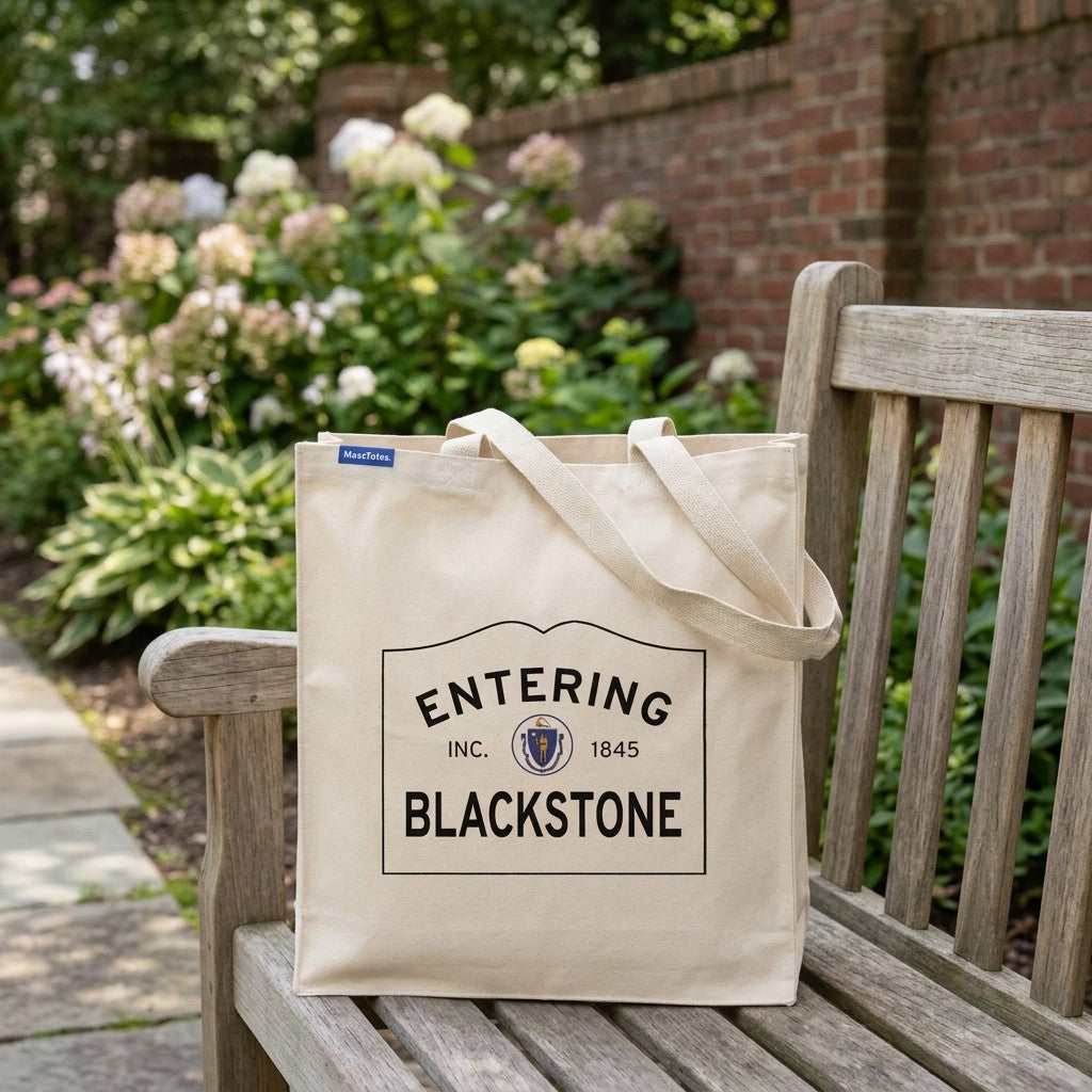 Entering Blackstone, Massachusetts Canvas Tote Bag - Outdoor In-Situ View - Scenic Atmosphere