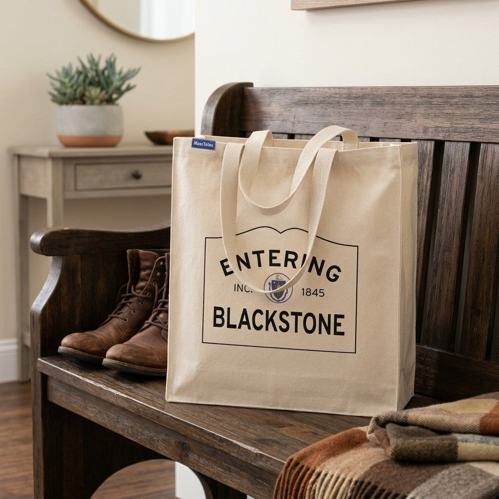 Entering Blackstone, Massachusetts Canvas Tote Bag - Lifestyle Scene - Classic New England Detail