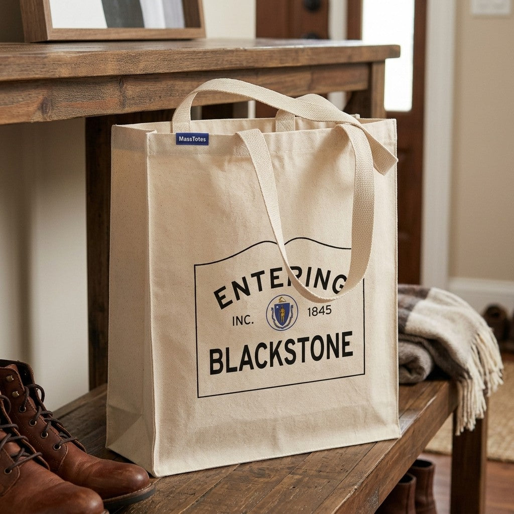 Entering Blackstone, Massachusetts Canvas Tote Bag - Everyday In-Situ View - Sunlit Environment