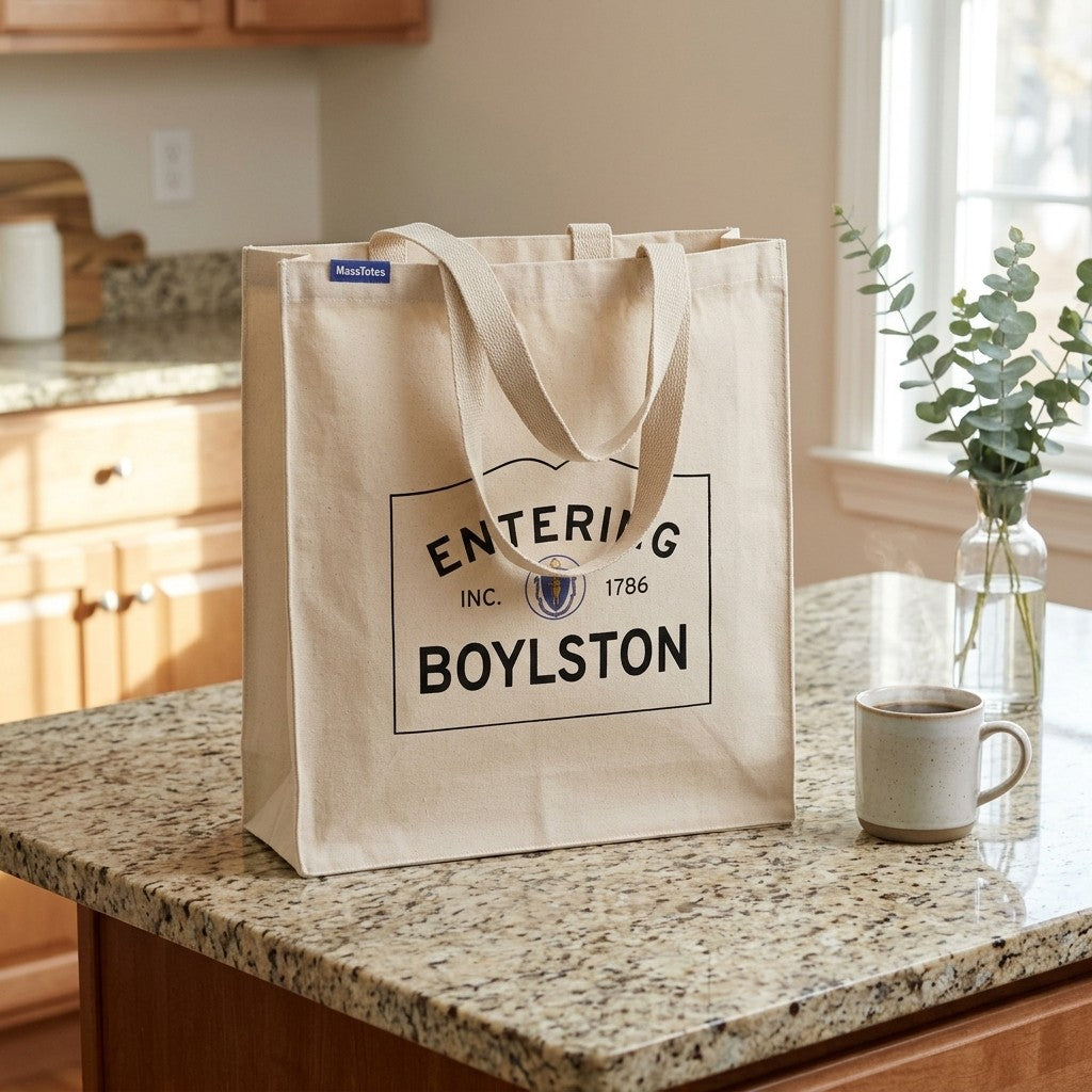 Entering Boylston, Massachusetts Canvas Tote Bag - Lifestyle Scene - Classic New England Detail