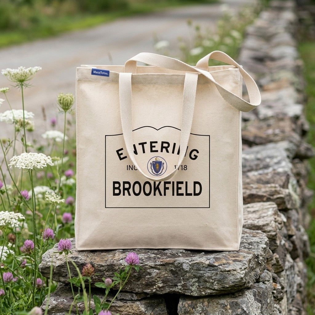 Entering Brookfield, Massachusetts Canvas Tote Bag - Lifestyle Scene - Relaxed Natural Setting