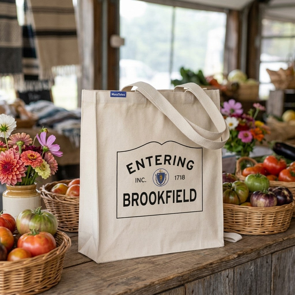 Entering Brookfield, Massachusetts Canvas Tote Bag - Lifestyle Scene - Classic New England Detail