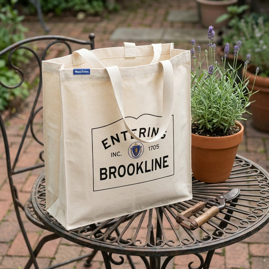 Entering Brookline, Massachusetts Canvas Tote Bag - Lifestyle Scene - Classic New England Detail