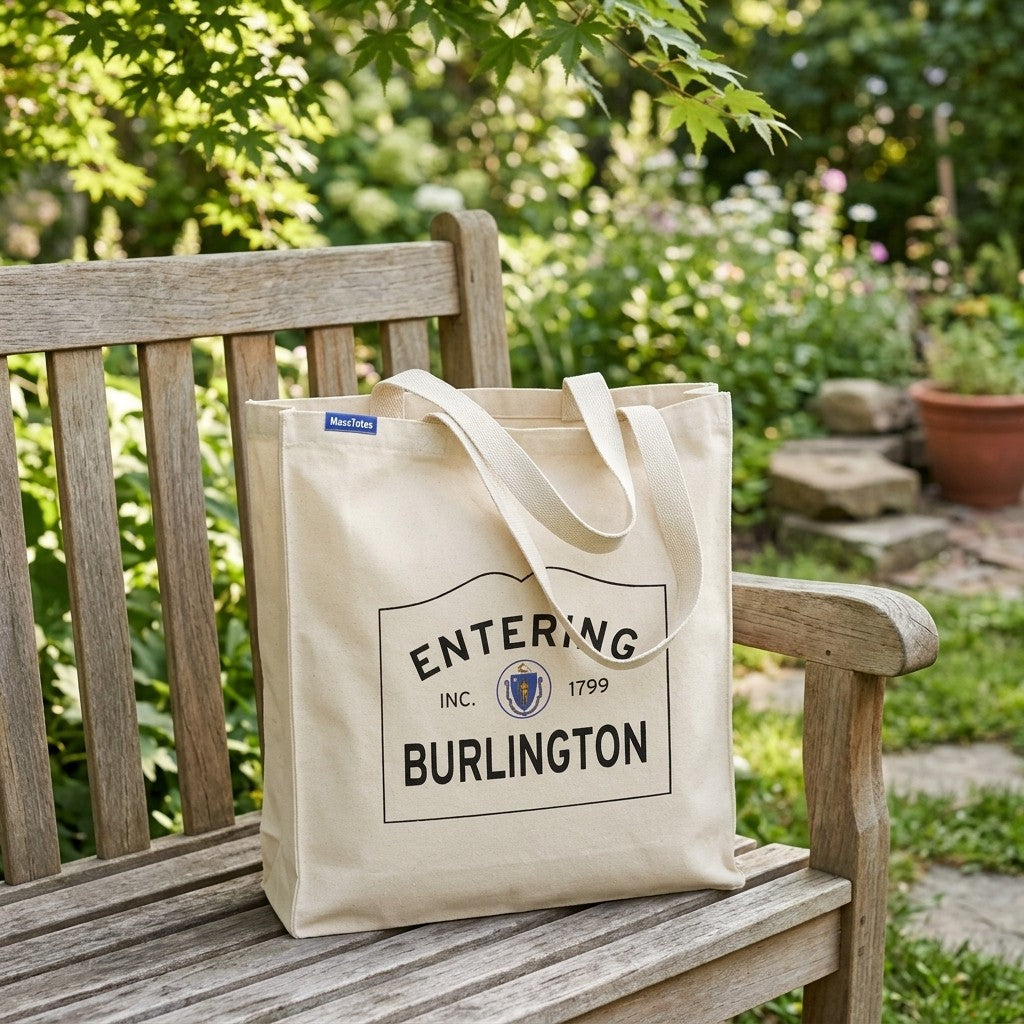 Entering Burlington, Massachusetts Canvas Tote Bag - Lifestyle Scene - Relaxed Natural Setting