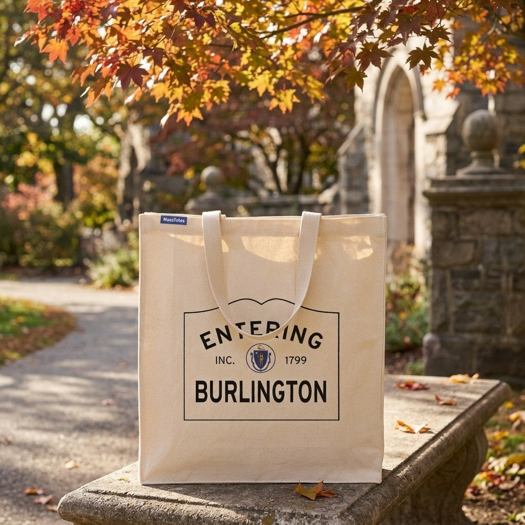 Entering Burlington, Massachusetts Canvas Tote Bag - Lifestyle Scene - Classic New England Detail