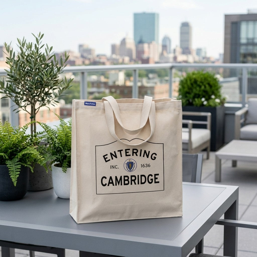 Entering Cambridge, Massachusetts Canvas Tote Bag - Lifestyle Scene - Relaxed Natural Setting