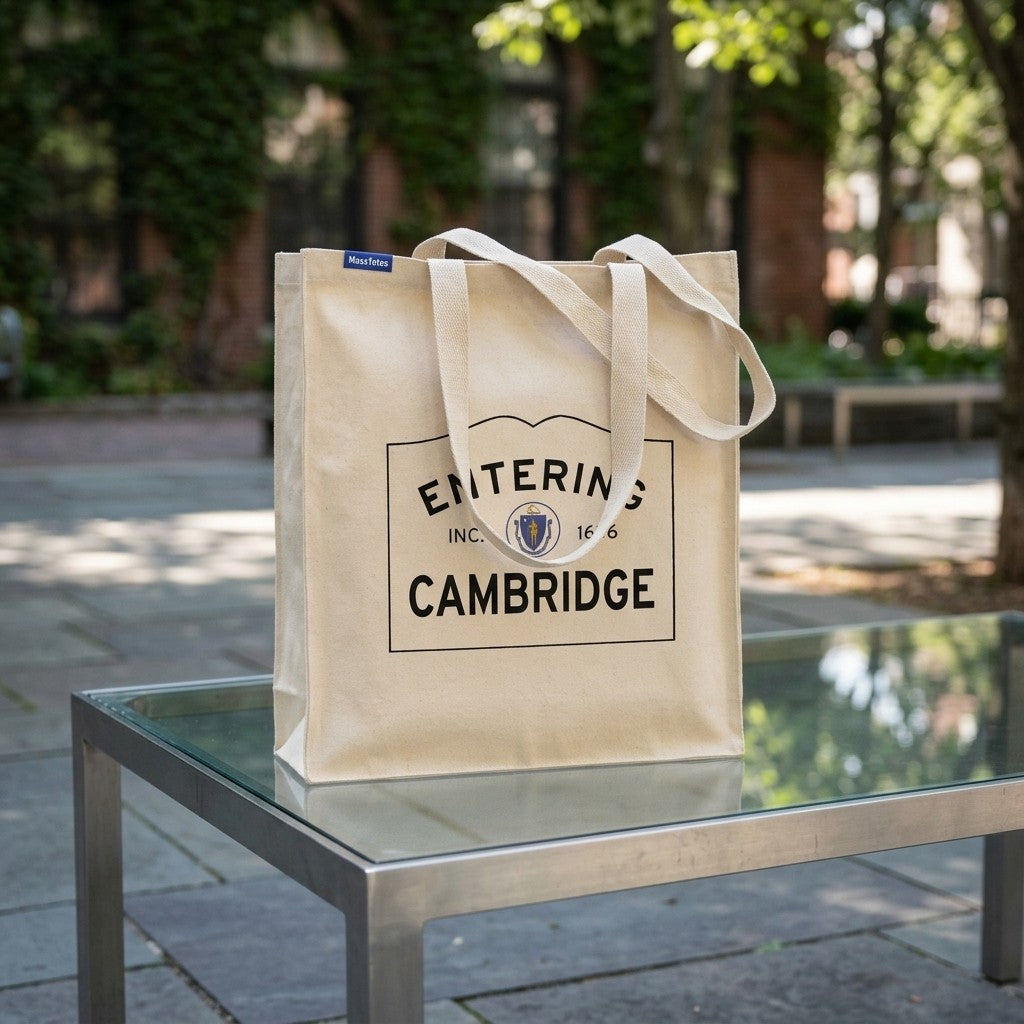 Entering Cambridge, Massachusetts Canvas Tote Bag - Lifestyle Scene - Classic New England Detail