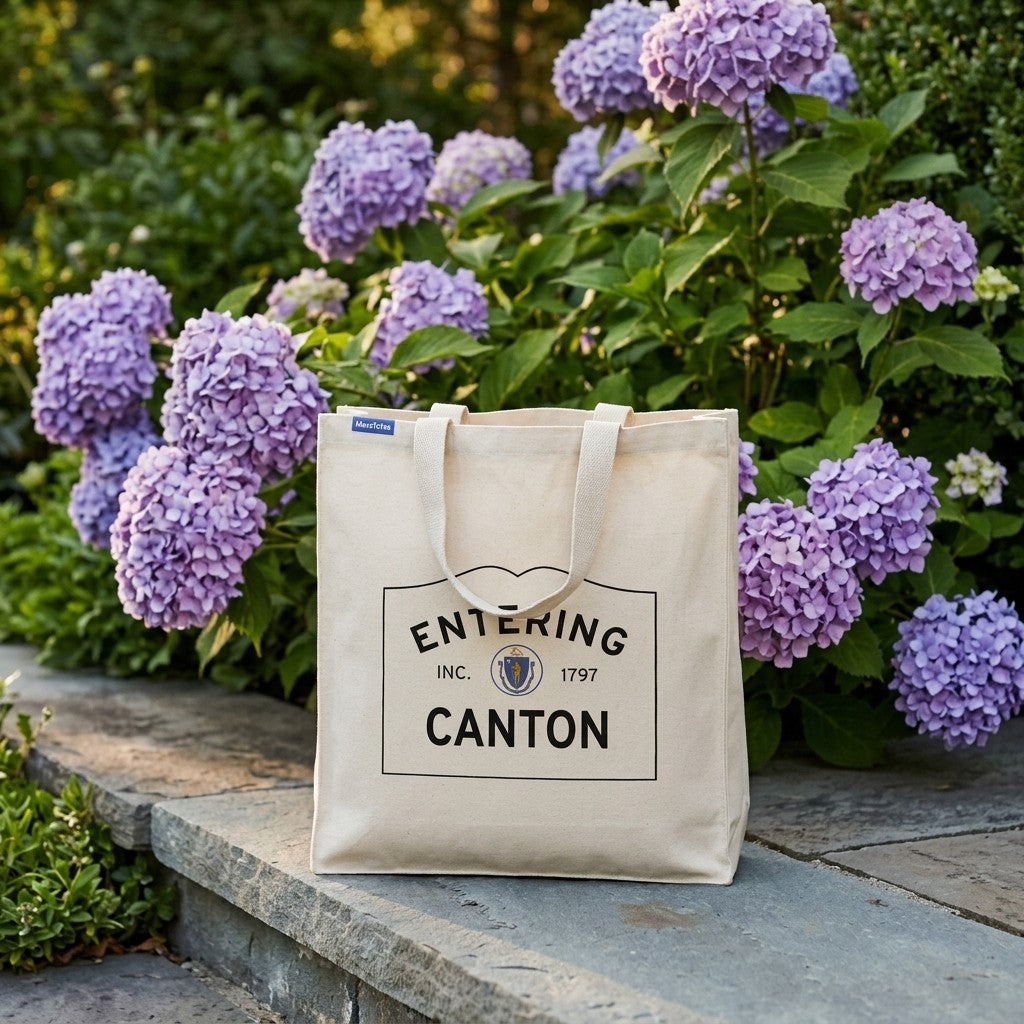 Entering Canton, Massachusetts Canvas Tote Bag - Lifestyle Scene - Relaxed Natural Setting