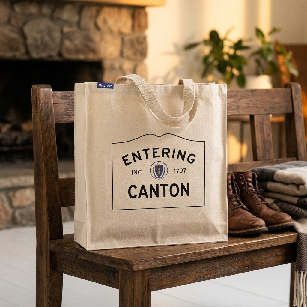 Entering Canton, Massachusetts Canvas Tote Bag - Lifestyle Scene - Classic New England Detail