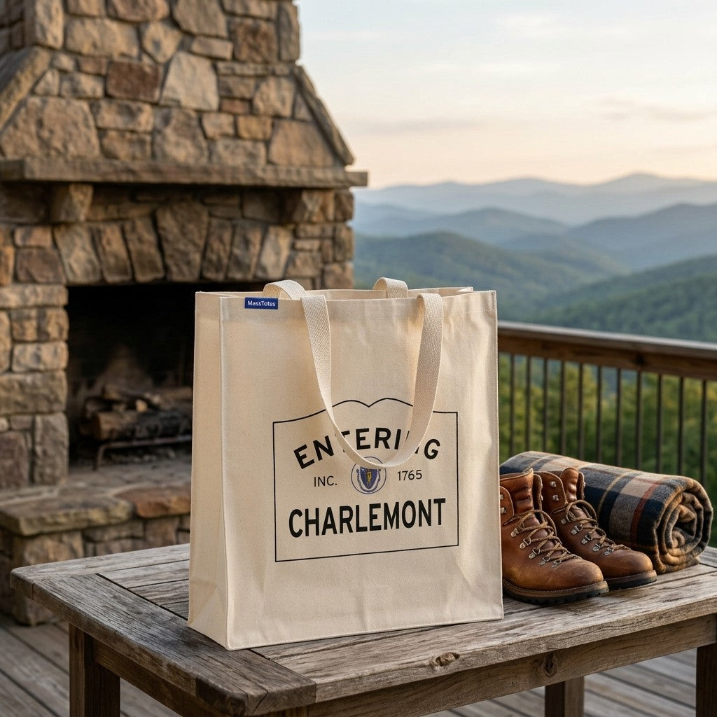 Entering Charlemont, Massachusetts Canvas Tote Bag - Lifestyle Scene - Relaxed Natural Setting