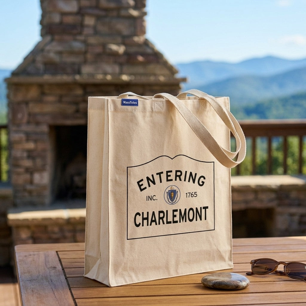 Entering Charlemont, Massachusetts Canvas Tote Bag - Lifestyle Scene - Classic New England Detail
