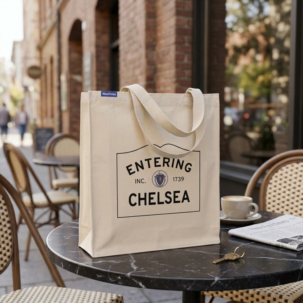 Entering Chelsea, Massachusetts Canvas Tote Bag - Lifestyle Scene - Relaxed Natural Setting