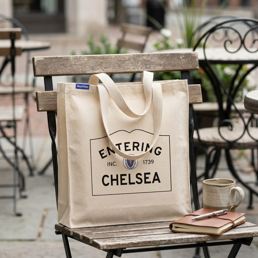 Entering Chelsea, Massachusetts Canvas Tote Bag - Lifestyle Scene - Classic New England Detail