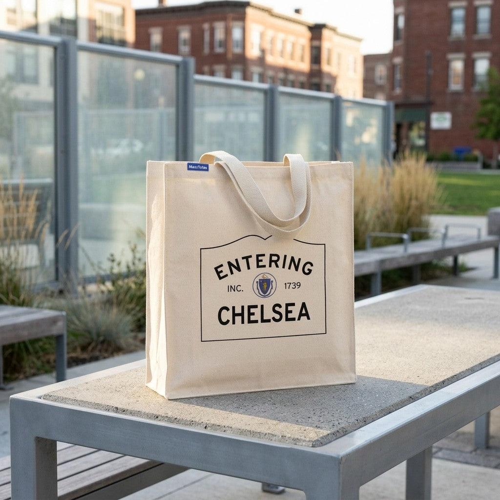 Entering Chelsea, Massachusetts Canvas Tote Bag - Everyday In-Situ View - Sunlit Environment