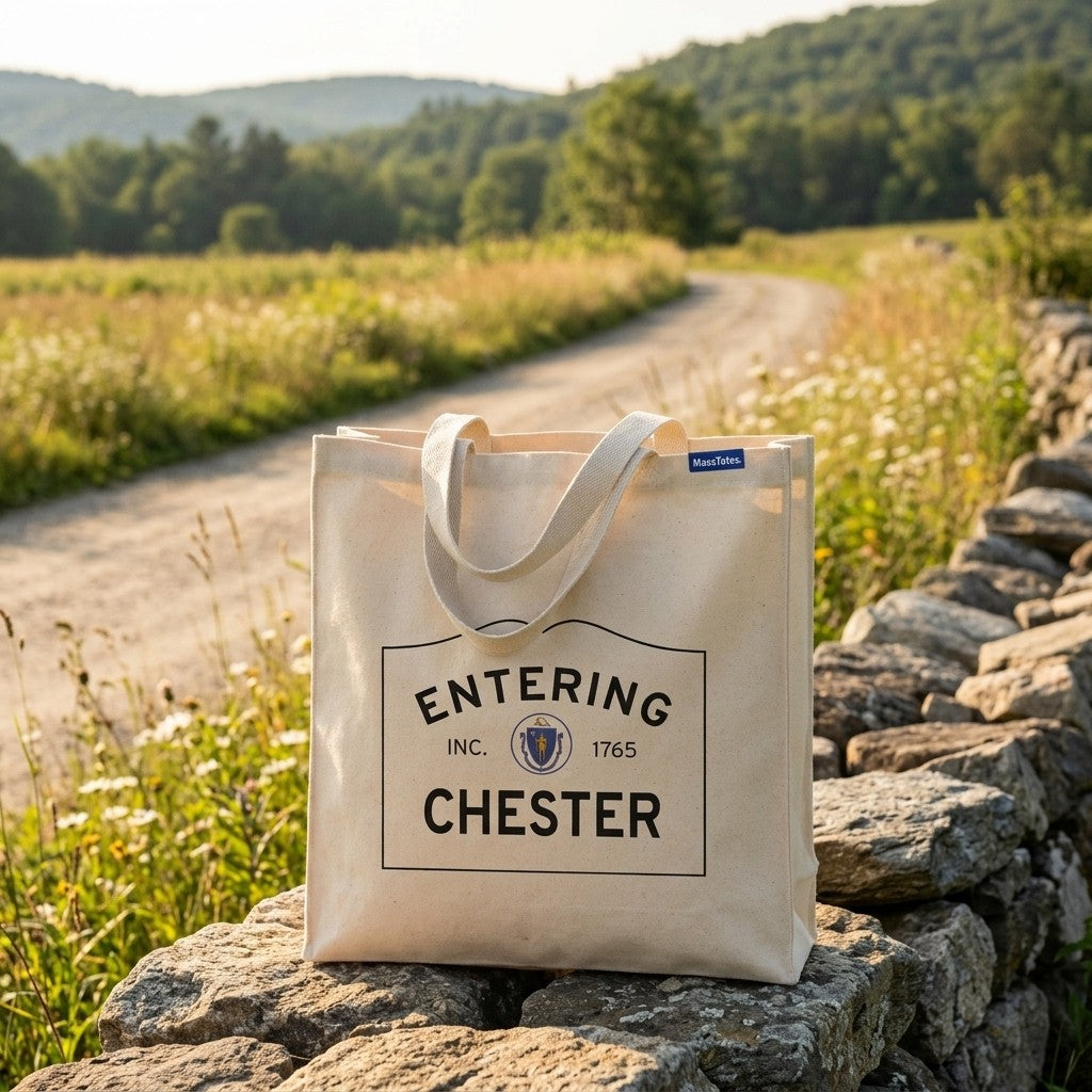 Entering Chester, Massachusetts Canvas Tote Bag - Lifestyle Scene - Relaxed Natural Setting