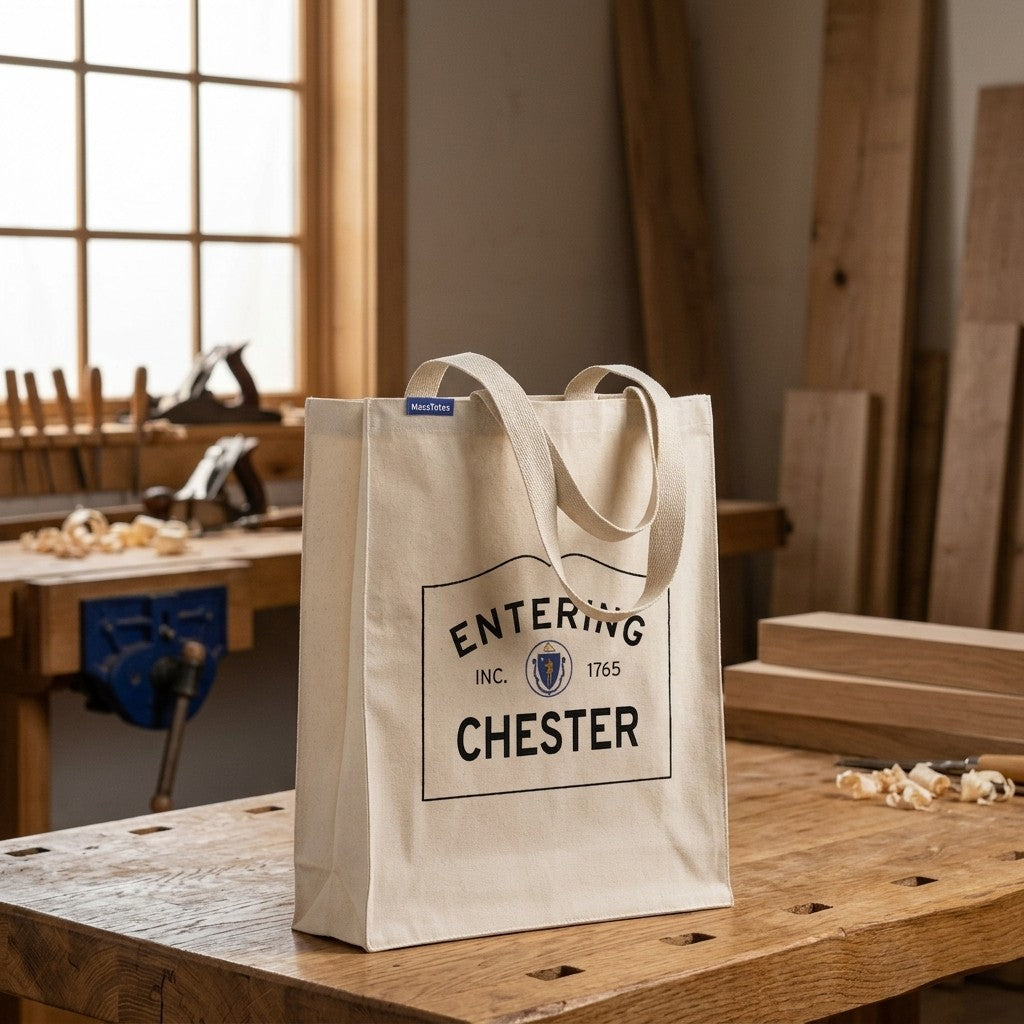 Entering Chester, Massachusetts Canvas Tote Bag - Lifestyle Scene - Classic New England Detail