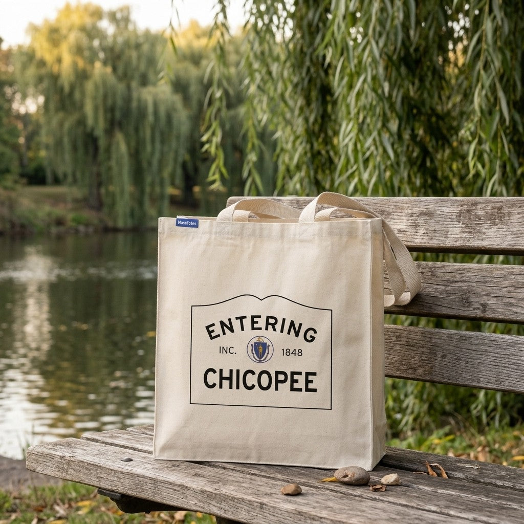 Entering Chicopee, Massachusetts Canvas Tote Bag - Lifestyle Scene - Classic New England Detail